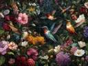 Schilderij van meerdere kolibries in een bloementuin