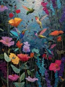 Schilderij met meerdere kolibries tussen kleurrijke tuinbloemen op donkere achtergrond