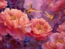 Schilderij van kolibries tussen roze pioenrozen met een sterrenhemel