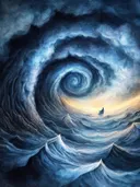 Surrealistisch landschapsschilderij van een kolkende blauwe storm met een kleine eenzame figuur in het midden