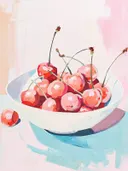 Schilderij van een witte kom met lichtroze kersen.