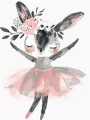Schilderij van een dansend konijn in tutu met bloemenkroon in waterverfstijl
