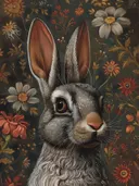 Konijnenportret tussen bloemen op donkere achtergrond