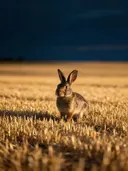 Konijn en profil, een goudkleurig stoppelveld, de laatste gloed vlak voor de nacht