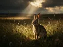 Konijn en profil, een bloemenweide, een enkele lichtbundel als een spotlicht
