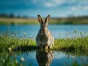Konijn en profil, de oever, met een spiegeling in het water, een fris lentemoment