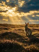 Konijn en profil, een wilde heide, lichtbundels door de wolken