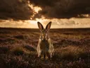 Konijn frontaal, een wilde heide, een dreigende luchten met een sepia-gloed