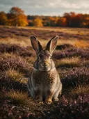Konijn frontaal, een wilde heide, volle herfstkleuren