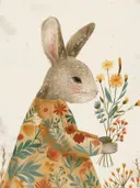 Konijn met blozende wangen in een poncho met bloemenprint