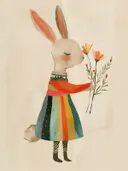 Konijn in kleurrijk gewaad ruikend aan bloemen