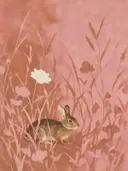 Schilderij van konijn in het gras in poederroze en bruin, in vlakke kleurvlakken