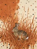 Schilderij van konijn in het gras in roest en crème, in vlakke kleurvlakken