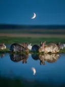 Konijn in het veld, de oever, met een spiegeling in het water, het blauwe uur met een maansikkel