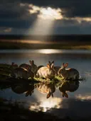 Konijn in kudde, de oever, met een spiegeling in het water, een enkele lichtbundel als een spotlicht