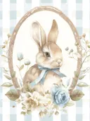 Illustratie van een konijn met blauwe strik tussen bloemen, kinderkamer schilderij