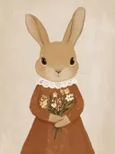 Illustratie van een konijn in jurk met kanten kraag en bloemenboeket
