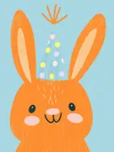 Schilderij van een oranje konijn met feestmuts op een blauwe achtergrond