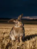 Konijn met flaporen, een goudkleurig stoppelveld, de laatste gloed vlak voor de nacht