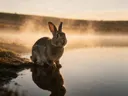 Konijn nieuwsgierig, de oever, met een spiegeling in het water, de ochtendmist