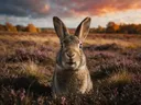Konijn nieuwsgierig, een wilde heide, volle herfstkleuren