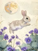 Springend konijn onder een volle maan tussen paarse bloemen