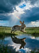 Konijn op afstand, de oever, met een spiegeling in het water, een fris moment na de regen