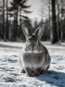 Konijn recht in de lens, een bosrand, een dun laagje sneeuw, zwart-wit