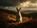 Konijn recht in de lens, een varenhelling, een enkele lichtbundel als een spotlicht