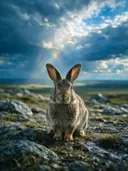 Konijn recht in de lens, een rotsachtig hoogland, een fris moment na de regen