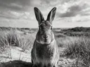 Konijn recht in de lens, de duinen, een zacht bewolkte hemel, zwart-wit