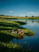 Konijn rustend, de oever, met een spiegeling in het water, de volle zomer