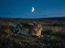 Konijn rustend, een wilde heide, het blauwe uur met een maansikkel