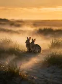 Konijn samen, de duinen, de ochtendmist