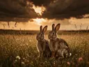 Konijn samen, een bloemenweide, een dreigende luchten met een sepia-gloed