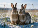 Konijn samen, een bloemenweide, een dun laagje sneeuw