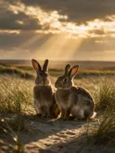 Konijn samen, de duinen, lichtbundels door de wolken