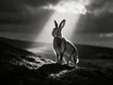 Konijn van onderaf, een varenhelling, een enkele lichtbundel als een spotlicht, zwart-wit