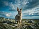 Konijn van onderaf, een rotsachtig hoogland, een zacht bewolkte hemel
