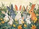Schilderij met een groep konijnen tussen gele bloemen in een grasveld
