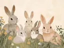 Schilderij met vier konijnen tussen bloemen in het gras