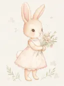 Schilderij van een konijn in jurk met bloemenboeketje, kinderkamer wanddecoratie