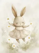 Aquarel illustratie van een springend konijn in jurkje tussen bloemen