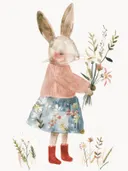 Schilderij van een konijn in trui met rode laarzen en een bloemenboeket