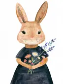 Aquarel illustratie van een konijn in een trui met een bosje bloemen in de armen
