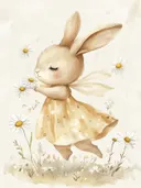 Aquarel illustratie van een konijn in jurkje tussen madeliefjes