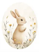 Illustratie van een konijn tussen gele bloemen in een ovale compositie