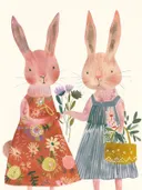 Twee geklede konijnen met bloemen en een tasje, illustratie