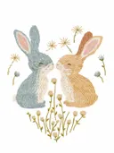 Illustratie van twee konijntjes tussen paardenbloemen, kinderkamer schilderij