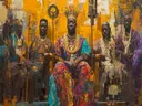 Schilderij van een Afrikaanse koning met zijn hofgevolg